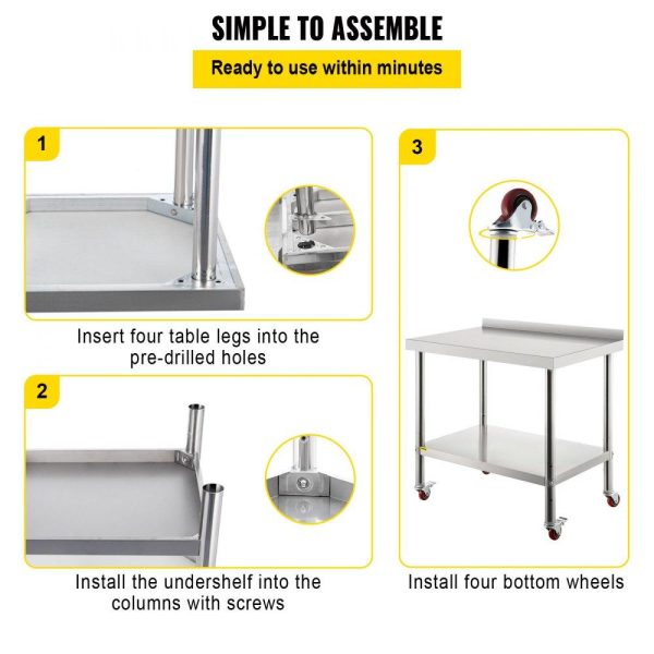 Restaurant Furniture | Stainless Steel Prep Table, 30 x 24 x 35 Inch, 440lbs Load Capacity Heavy Duty Metal Worktable with Backsplash Adjustable Undershelf & 4 Casters, Commercial Workstation for Kitchen Restaurant Restaurant & Food Service Restaurant Furniture