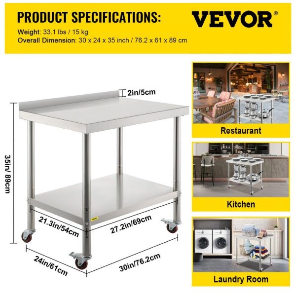 Restaurant Furniture | Stainless Steel Prep Table, 30 x 24 x 35 Inch, 440lbs Load Capacity Heavy Duty Metal Worktable with Backsplash Adjustable Undershelf & 4 Casters, Commercial Workstation for Kitchen Restaurant Restaurant & Food Service Restaurant Furniture