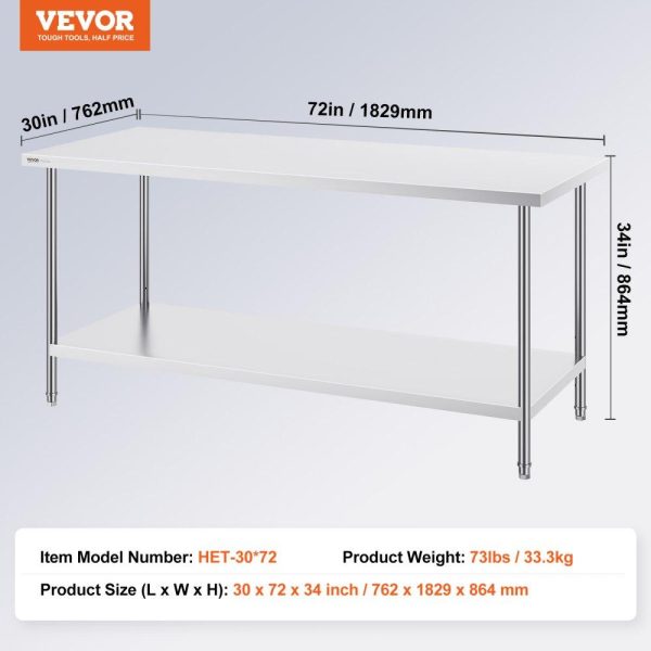 Restaurant Furniture | Stainless Steel Prep Table, 30 x 72 x 34 Inch, Heavy Duty Metal Worktable with 3 Adjustable Height Levels, Commercial Workstation for Kitchen Garage Restaurant Backyard Restaurant & Food Service Restaurant Furniture