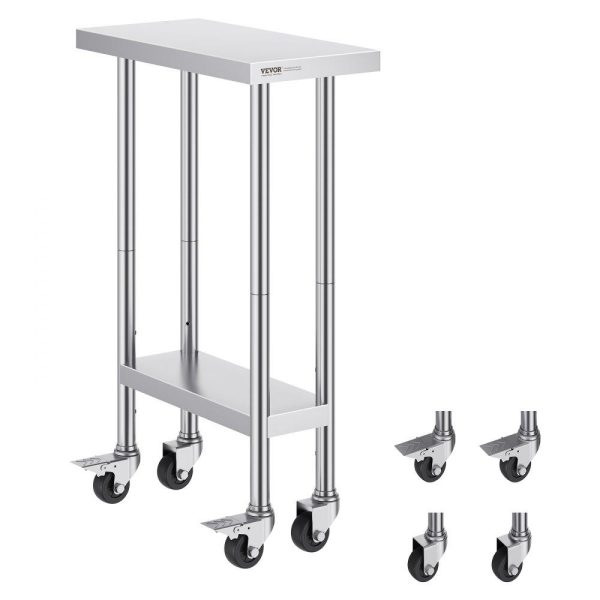 Restaurant Furniture | Stainless Steel Work Table 24 x 12 x 38 Inch, with 4 Wheels, 3 Adjustable Height Levels, Heavy Duty Food Prep Worktable for Commercial Kitchen Restaurant, Silver Restaurant & Food Service Restaurant Furniture