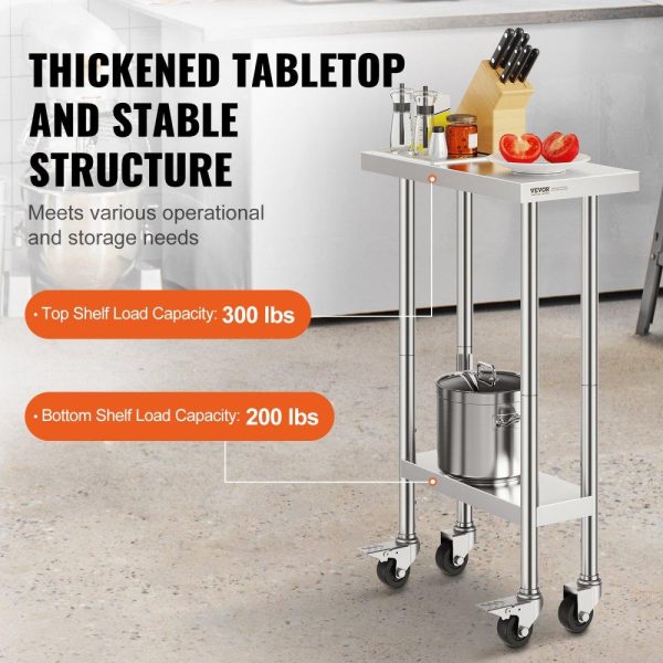 Restaurant Furniture | Stainless Steel Work Table 24 x 12 x 38 Inch, with 4 Wheels, 3 Adjustable Height Levels, Heavy Duty Food Prep Worktable for Commercial Kitchen Restaurant, Silver Restaurant & Food Service Restaurant Furniture