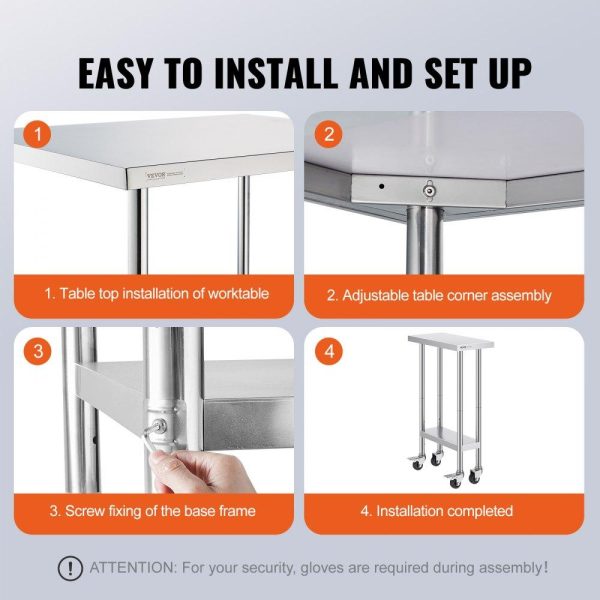 Restaurant Furniture | Stainless Steel Work Table 24 x 12 x 38 Inch, with 4 Wheels, 3 Adjustable Height Levels, Heavy Duty Food Prep Worktable for Commercial Kitchen Restaurant, Silver Restaurant & Food Service Restaurant Furniture