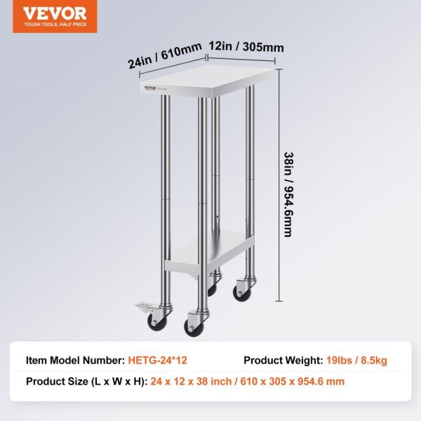 Restaurant Furniture | Stainless Steel Work Table 24 x 12 x 38 Inch, with 4 Wheels, 3 Adjustable Height Levels, Heavy Duty Food Prep Worktable for Commercial Kitchen Restaurant, Silver Restaurant & Food Service Restaurant Furniture