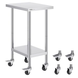 Restaurant Furniture | Stainless Steel Work Table 24 x 18 x 38 Inch, with 4 Wheels, 3 Adjustable Height Levels, Heavy Duty Food Prep Worktable for Commercial Kitchen Restaurant, Silver Restaurant & Food Service Restaurant Furniture