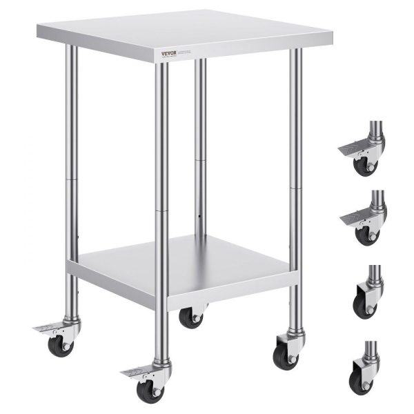 Restaurant Furniture | Stainless Steel Work Table 24 x 24 x 38 Inch, with 4 Wheels, 3 Adjustable Height Levels, Heavy Duty Food Prep Worktable for Commercial Kitchen Restaurant, Silver Restaurant & Food Service Restaurant Furniture