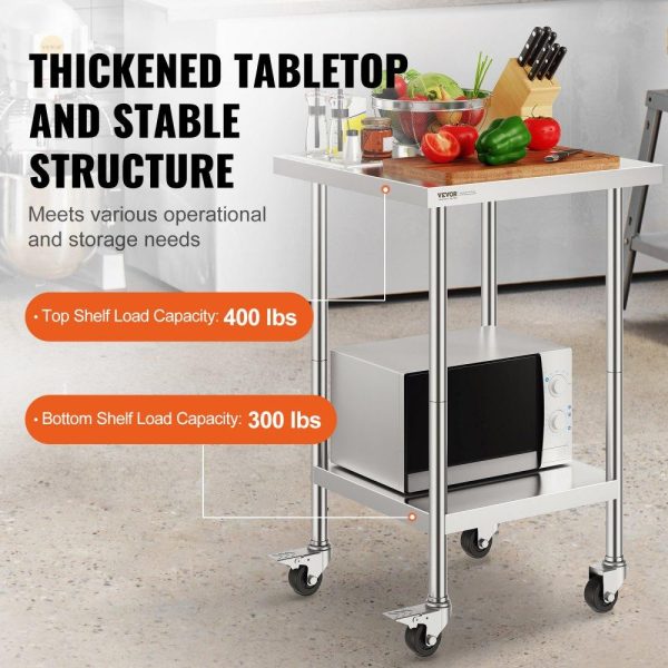 Restaurant Furniture | Stainless Steel Work Table 24 x 24 x 38 Inch, with 4 Wheels, 3 Adjustable Height Levels, Heavy Duty Food Prep Worktable for Commercial Kitchen Restaurant, Silver Restaurant & Food Service Restaurant Furniture