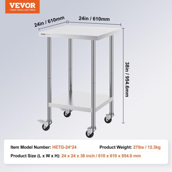 Restaurant Furniture | Stainless Steel Work Table 24 x 24 x 38 Inch, with 4 Wheels, 3 Adjustable Height Levels, Heavy Duty Food Prep Worktable for Commercial Kitchen Restaurant, Silver Restaurant & Food Service Restaurant Furniture