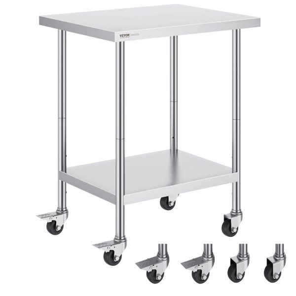 Restaurant Furniture | Stainless Steel Work Table 24 x 30 x 38 Inch, with 4 Wheels, 3 Adjustable Height Levels, Heavy Duty Food Prep Worktable for Commercial Kitchen Restaurant, Silver Restaurant & Food Service Restaurant Furniture