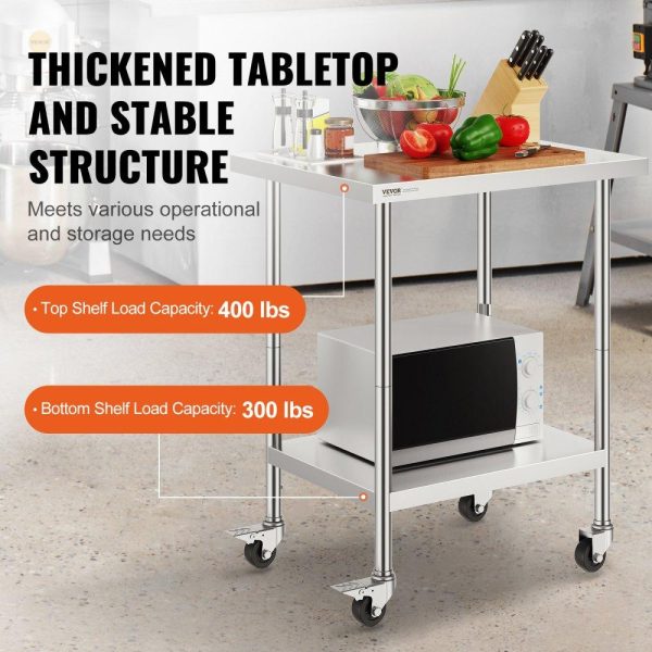 Restaurant Furniture | Stainless Steel Work Table 24 x 30 x 38 Inch, with 4 Wheels, 3 Adjustable Height Levels, Heavy Duty Food Prep Worktable for Commercial Kitchen Restaurant, Silver Restaurant & Food Service Restaurant Furniture