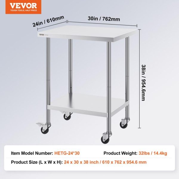 Restaurant Furniture | Stainless Steel Work Table 24 x 30 x 38 Inch, with 4 Wheels, 3 Adjustable Height Levels, Heavy Duty Food Prep Worktable for Commercial Kitchen Restaurant, Silver Restaurant & Food Service Restaurant Furniture