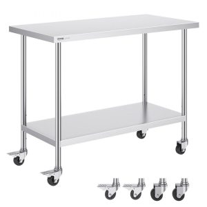 Restaurant Furniture | Stainless Steel Work Table 24 x 48 x 38 Inch, with 4 Wheels, 3 Adjustable Height Levels, Heavy Duty Food Prep Worktable for Commercial Kitchen Restaurant, Silver Restaurant & Food Service Restaurant Furniture