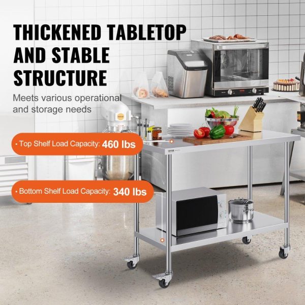 Restaurant Furniture | Stainless Steel Work Table 24 x 48 x 38 Inch, with 4 Wheels, 3 Adjustable Height Levels, Heavy Duty Food Prep Worktable for Commercial Kitchen Restaurant, Silver Restaurant & Food Service Restaurant Furniture