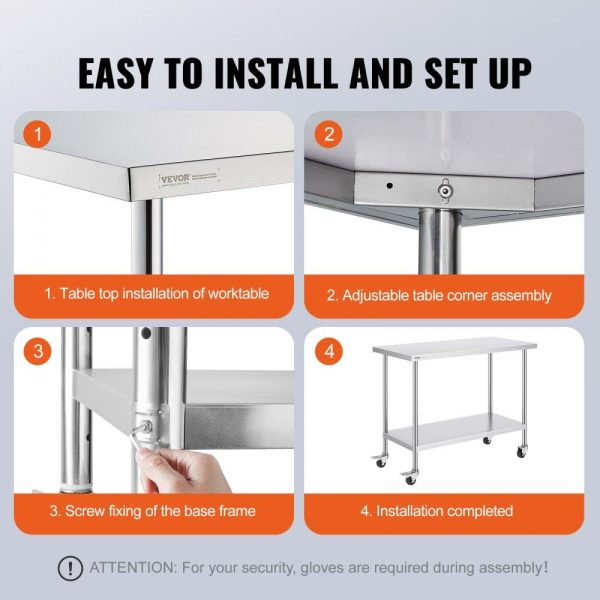 Restaurant Furniture | Stainless Steel Work Table 24 x 48 x 38 Inch, with 4 Wheels, 3 Adjustable Height Levels, Heavy Duty Food Prep Worktable for Commercial Kitchen Restaurant, Silver Restaurant & Food Service Restaurant Furniture