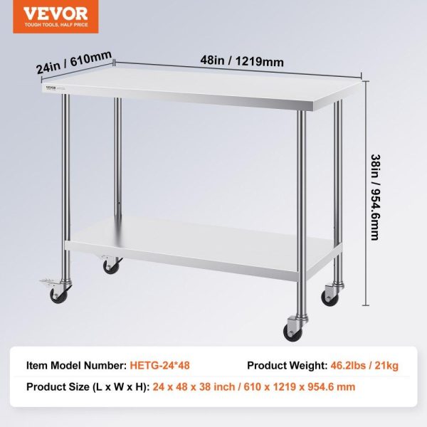 Restaurant Furniture | Stainless Steel Work Table 24 x 48 x 38 Inch, with 4 Wheels, 3 Adjustable Height Levels, Heavy Duty Food Prep Worktable for Commercial Kitchen Restaurant, Silver Restaurant & Food Service Restaurant Furniture