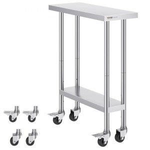 Restaurant Furniture | Stainless Steel Work Table 30 x 12 x 38 Inch, with 4 Wheels, 3 Adjustable Height Levels, Heavy Duty Food Prep Worktable for Commercial Kitchen Restaurant, Silver Restaurant & Food Service Restaurant Furniture