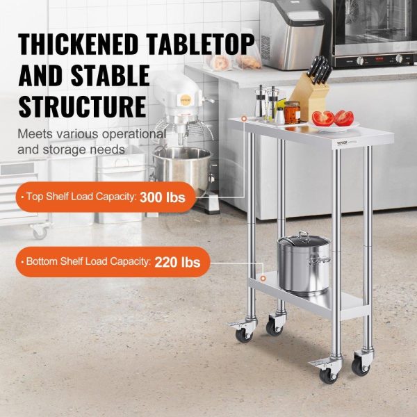 Restaurant Furniture | Stainless Steel Work Table 30 x 12 x 38 Inch, with 4 Wheels, 3 Adjustable Height Levels, Heavy Duty Food Prep Worktable for Commercial Kitchen Restaurant, Silver Restaurant & Food Service Restaurant Furniture