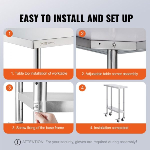 Restaurant Furniture | Stainless Steel Work Table 30 x 12 x 38 Inch, with 4 Wheels, 3 Adjustable Height Levels, Heavy Duty Food Prep Worktable for Commercial Kitchen Restaurant, Silver Restaurant & Food Service Restaurant Furniture