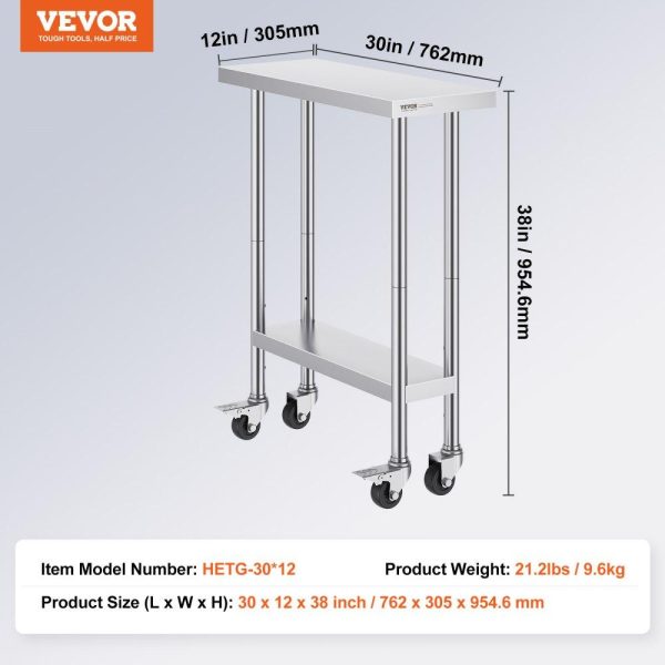 Restaurant Furniture | Stainless Steel Work Table 30 x 12 x 38 Inch, with 4 Wheels, 3 Adjustable Height Levels, Heavy Duty Food Prep Worktable for Commercial Kitchen Restaurant, Silver Restaurant & Food Service Restaurant Furniture