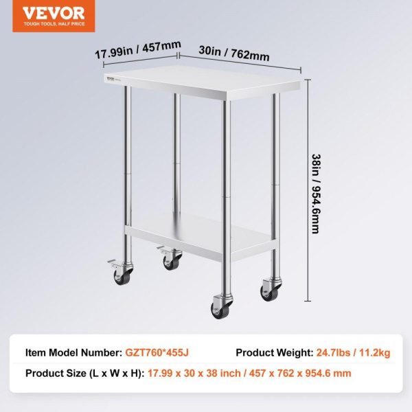 Restaurant Furniture | Stainless Steel Work Table 30 x 18 x 38 Inch, with 4 Wheels, 3 Adjustable Height Levels, Heavy Duty Food Prep Worktable for Commercial Kitchen Restaurant, Silver Restaurant & Food Service Restaurant Furniture