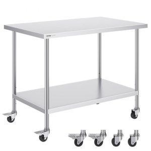 Restaurant Furniture | Stainless Steel Work Table 30 x 48 x 38 Inch, with 4 Wheels, 3 Adjustable Height Levels, Heavy Duty Food Prep Worktable for Commercial Kitchen Restaurant, Silver Restaurant & Food Service Restaurant Furniture