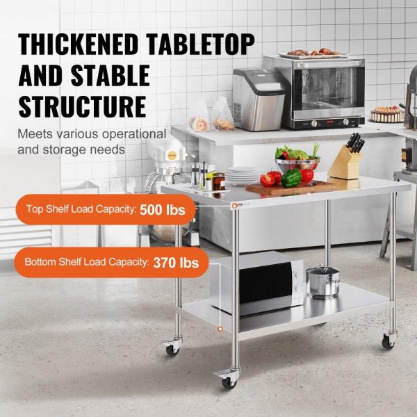 Restaurant Furniture | Stainless Steel Work Table 30 x 48 x 38 Inch, with 4 Wheels, 3 Adjustable Height Levels, Heavy Duty Food Prep Worktable for Commercial Kitchen Restaurant, Silver Restaurant & Food Service Restaurant Furniture