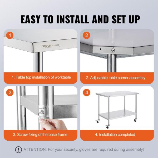 Restaurant Furniture | Stainless Steel Work Table 30 x 48 x 38 Inch, with 4 Wheels, 3 Adjustable Height Levels, Heavy Duty Food Prep Worktable for Commercial Kitchen Restaurant, Silver Restaurant & Food Service Restaurant Furniture