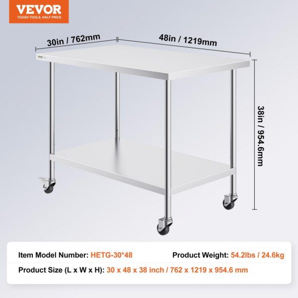 Restaurant Furniture | Stainless Steel Work Table 30 x 48 x 38 Inch, with 4 Wheels, 3 Adjustable Height Levels, Heavy Duty Food Prep Worktable for Commercial Kitchen Restaurant, Silver Restaurant & Food Service Restaurant Furniture