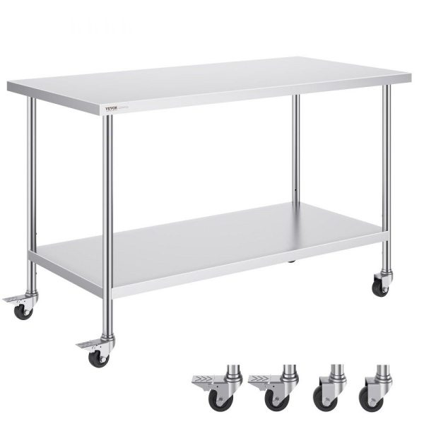 Restaurant Furniture | Stainless Steel Work Table 30 x 60 x 38 Inch, with 4 Wheels, 3 Adjustable Height Levels, Heavy Duty Food Prep Worktable for Commercial Kitchen Restaurant, Silver Restaurant & Food Service Restaurant Furniture