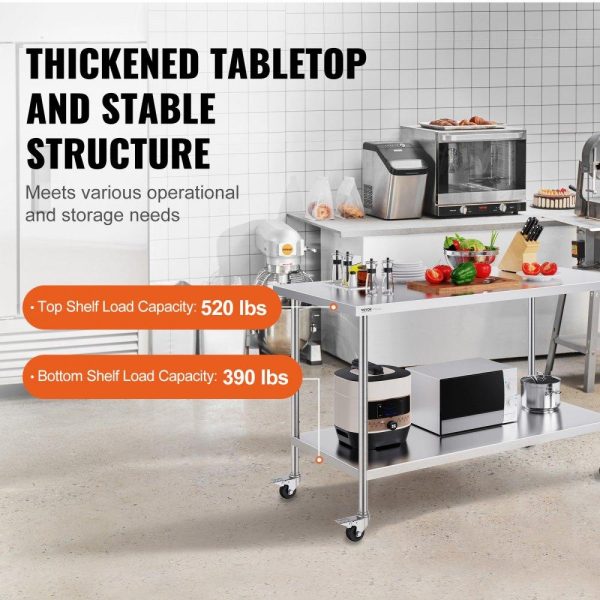 Restaurant Furniture | Stainless Steel Work Table 30 x 60 x 38 Inch, with 4 Wheels, 3 Adjustable Height Levels, Heavy Duty Food Prep Worktable for Commercial Kitchen Restaurant, Silver Restaurant & Food Service Restaurant Furniture