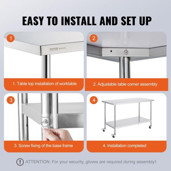 Restaurant Furniture | Stainless Steel Work Table 30 x 60 x 38 Inch, with 4 Wheels, 3 Adjustable Height Levels, Heavy Duty Food Prep Worktable for Commercial Kitchen Restaurant, Silver Restaurant & Food Service Restaurant Furniture