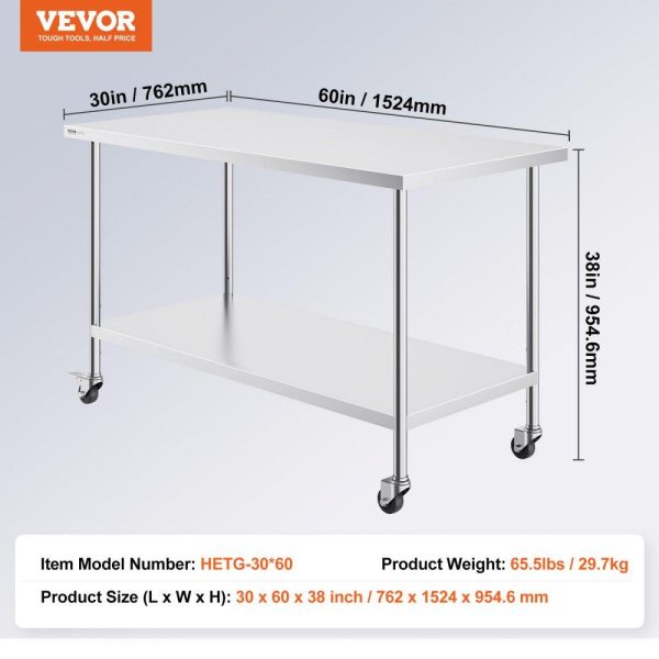 Restaurant Furniture | Stainless Steel Work Table 30 x 60 x 38 Inch, with 4 Wheels, 3 Adjustable Height Levels, Heavy Duty Food Prep Worktable for Commercial Kitchen Restaurant, Silver Restaurant & Food Service Restaurant Furniture