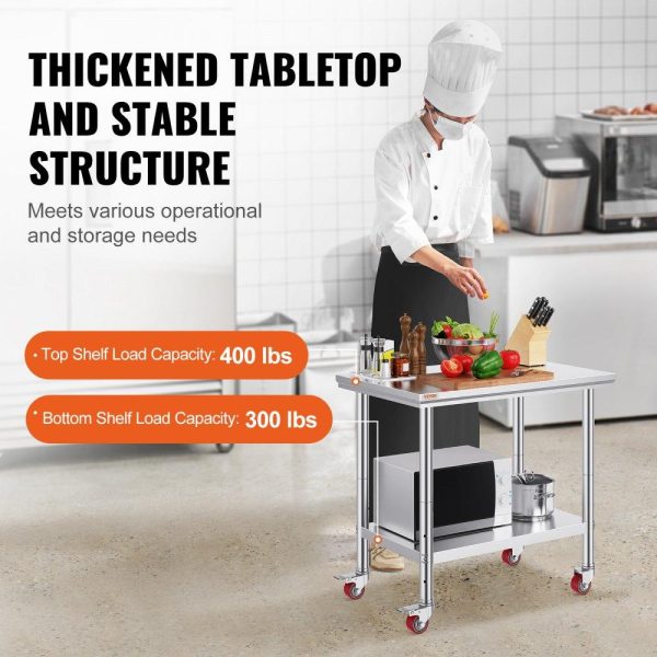 Restaurant Furniture | Stainless Steel Work Table 36×24 Inch with 4 Wheels Commercial Food Prep Worktable with Casters Heavy Duty Work Table for Commercial Kitchen Restaurant Restaurant & Food Service Restaurant Furniture