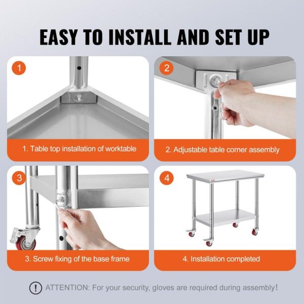 Restaurant Furniture | Stainless Steel Work Table 36×24 Inch with 4 Wheels Commercial Food Prep Worktable with Casters Heavy Duty Work Table for Commercial Kitchen Restaurant Restaurant & Food Service Restaurant Furniture