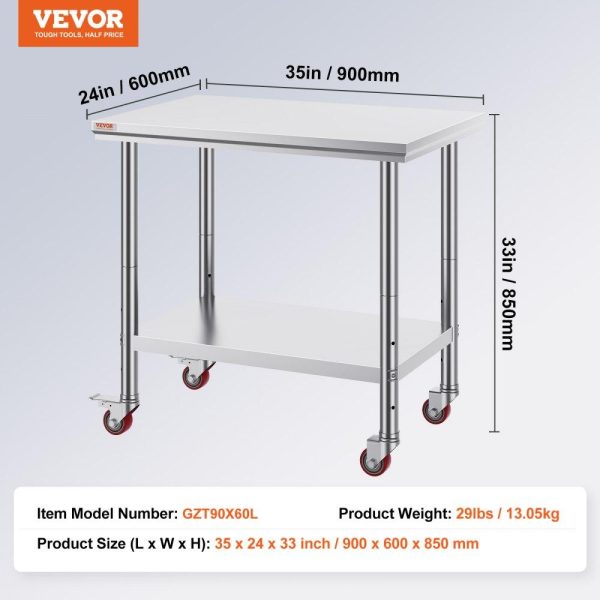 Restaurant Furniture | Stainless Steel Work Table 36×24 Inch with 4 Wheels Commercial Food Prep Worktable with Casters Heavy Duty Work Table for Commercial Kitchen Restaurant Restaurant & Food Service Restaurant Furniture