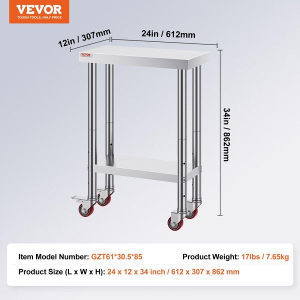 Restaurant Furniture | Stainless Steel Work Table with Wheels 24 x 12 x 32 Inch Prep Table with 4 Casters Heavy Duty Work Table for Commercial Kitchen Restaurant Business Restaurant & Food Service Restaurant Furniture