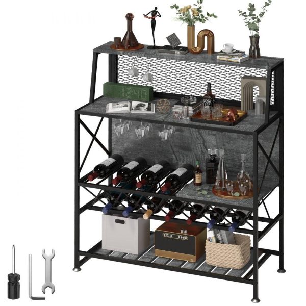 Restaurant Furniture | Wine Rack Home Bar Table, Industrial Liquor Storage Cabinets with Glass Holder, Bakers Rack Freestanding with Large Capacity for Home Kitchen Dining Room, Hold 12 Bottles of Wine (Gray) Gray Restaurant & Food Service Gray