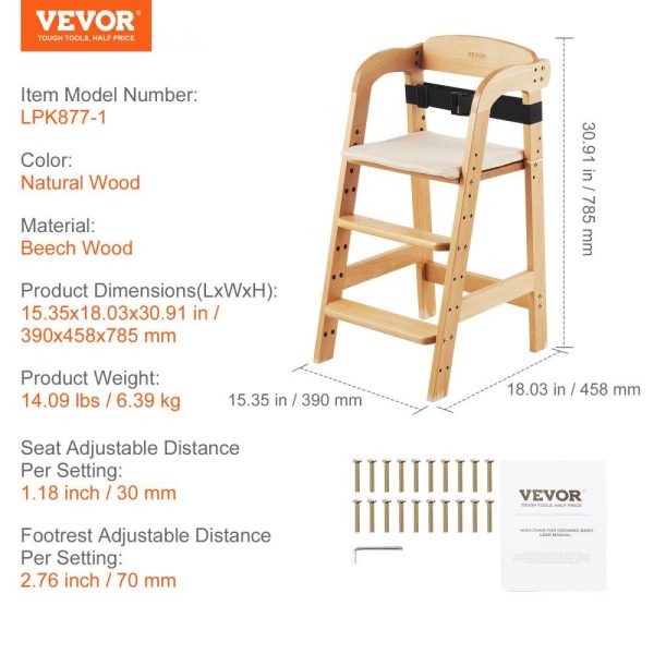 Restaurant Furniture | Wooden High Chair for Babies & Toddlers, Convertible Adjustable Feeding Chair, Eat & Grow High Chair with Seat Cushion, Portable Baby Dining Booster Seat, Beech Wood Toddler Chair, Natural Restaurant & Food Service Restaurant Furniture