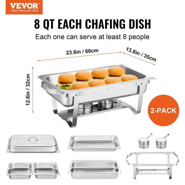 Smallwares | 2-Pack Rectangle Chafing Dish Set 2 Full-Size 8Qt Pan 4 Half-Size 4Qt Pans Restaurant & Food Service Smallwares