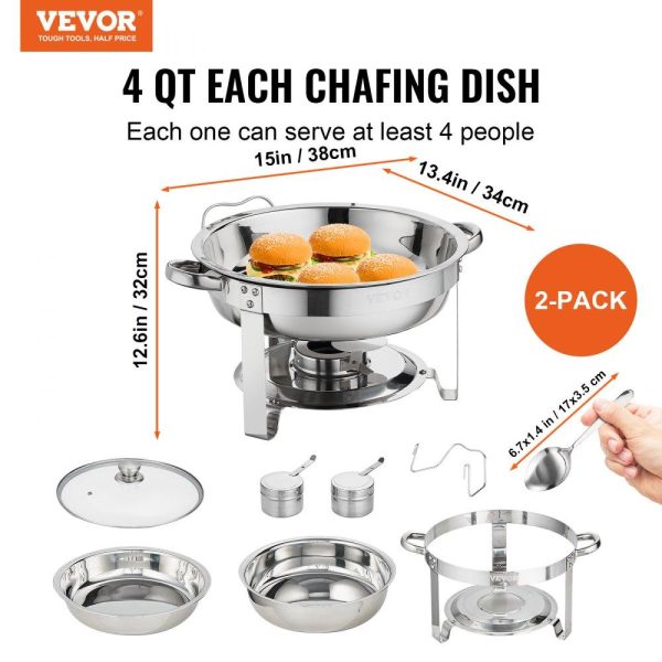 Smallwares | 2-Pack Round Chafing Dish Set with Full-Size 4Qt Pan Glass Lid Fuel Holder Restaurant & Food Service Smallwares