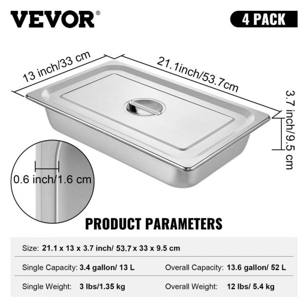 Smallwares | 4 Pack Steam Table Pans 20.9 x 12.8 x 3.9 Inch Deep Steam Table Pan Full Size 13L Deep Food Container Stainless Steel Oven Tray Hotel Pans Anti-Jam Steam Table Food Pan Restaurant & Food Service Smallwares