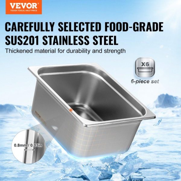 Smallwares | 6 Pack Hotel Pans, 1/2 Size Anti-Jam Steam Pan, 0.8mm Thick Stainless Steel Restaurant Steam Table Pan, 6-Inch Deep Commercial Table Pan, Catering Storage Food Pan, for Industrial & Scientific Restaurant & Food Service Smallwares