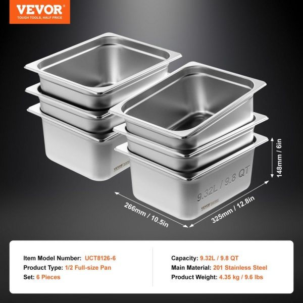 Smallwares | 6 Pack Hotel Pans, 1/2 Size Anti-Jam Steam Pan, 0.8mm Thick Stainless Steel Restaurant Steam Table Pan, 6-Inch Deep Commercial Table Pan, Catering Storage Food Pan, for Industrial & Scientific Restaurant & Food Service Smallwares