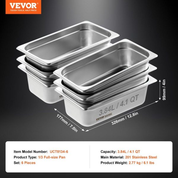 Smallwares | 6 Pack Hotel Pans, 1/3 Size Anti-Jam Steam Pan, 0.8mm Thick Stainless Steel Restaurant Steam Table Pan, 4-Inch Deep Commercial Table Pan, Catering Storage Food Pan, for Industrial & Scientific Restaurant & Food Service Smallwares