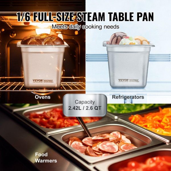 Smallwares | 6 Pack Hotel Pans, 1/6  Size Anti-Jam Steam Pan, 0.8mm Thick Stainless Steel Restaurant Steam Table Pan, 6-Inch Deep Commercial Table Pan, Catering Storage Food Pan, for Industrial & Scientific Restaurant & Food Service Smallwares