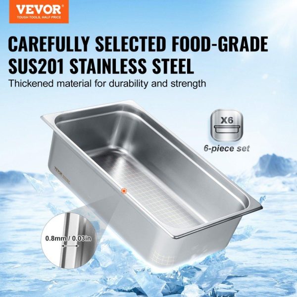 Smallwares | 6 Pack Hotel Pans, Full Size Anti-Jam Steam Pan, 0.8mm Thick Stainless Steel Restaurant Steam Table Pan, 6-Inch Deep Commercial Table Pan, Catering Storage Food Pan, for Industrial & Scientific Restaurant & Food Service Smallwares