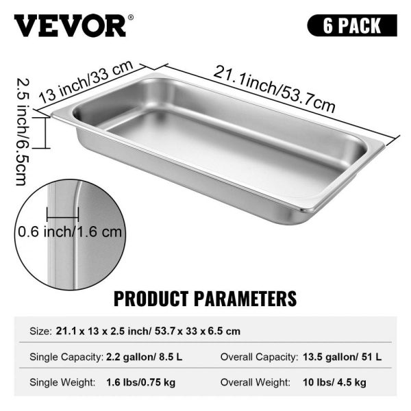 Smallwares | 6 Pack Steam Table Pans 20.9 x 12.8 x 2.6 Inch Deep Steam Table Pan Full Size 8.5L Deep Food Container Stainless Steel Oven Tray Hotel Pans Anti-Jam Steam Table Food Pan Restaurant & Food Service Smallwares