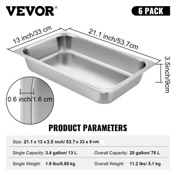 Smallwares | 6 Pack Steam Table Pans 20.9 x 12.8 x 3.9 Inch Deep Steam Table Pan Full Size 13L Deep Food Container Stainless Steel Oven Tray Hotel Pans Anti-Jam Steam Table Food Pan Restaurant & Food Service Smallwares