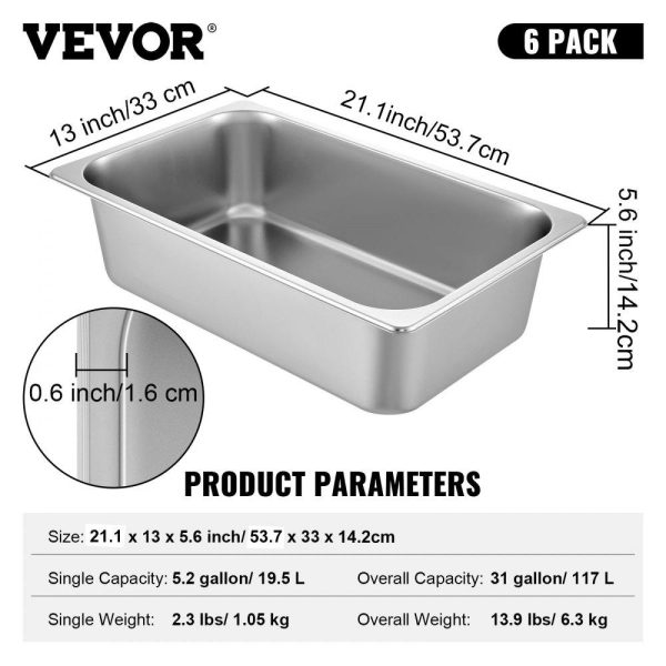 Smallwares | 6 Pack Steam Table Pans 20.9 x 12.8 x 5.9 Inch Deep Steam Table Pan Full Size 20.5L Deep Food Container Stainless Steel Oven Tray Hotel Pans Anti-Jam Steam Table Food Pan Restaurant & Food Service Smallwares