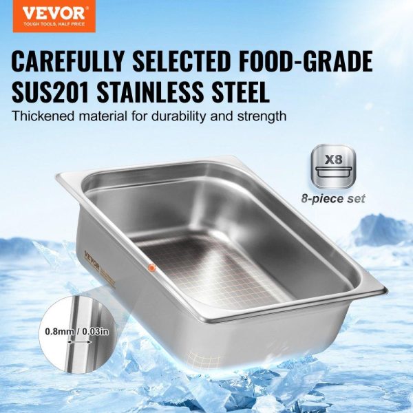 Smallwares | 8 Pack Hotel Pans, 1/2 Size Anti-Jam Steam Pan with Lid, 0.8mm Thick Stainless Steel Steam Table Pan, 4-Inch Deep Commercial Table Pan, Catering Storage Food Pan, for Industrial & Scientific Restaurant & Food Service Smallwares