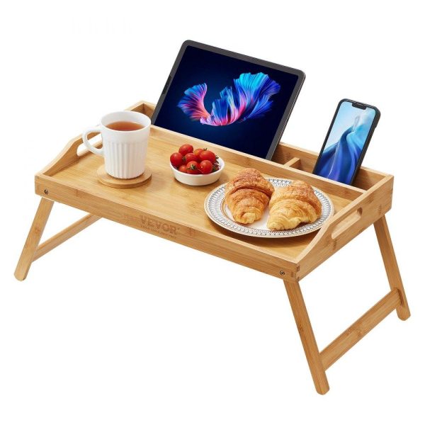 Smallwares | Bed Tray Table with Foldable Legs & Media Slot, Bamboo Breakfast Tray for Sofa, Bed, Eating, Snacking, and Working, Serving Laptop Desk Tray TV Tray, Portable Food Snack Platter, 19.7″ x 11.8″ Restaurant & Food Service Smallwares